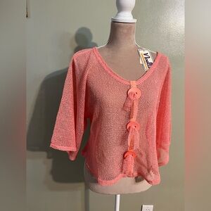 Noelle Y2K Coral Knit Button-Front Top Big Buttons Kimono Sleeves OS /M NWT